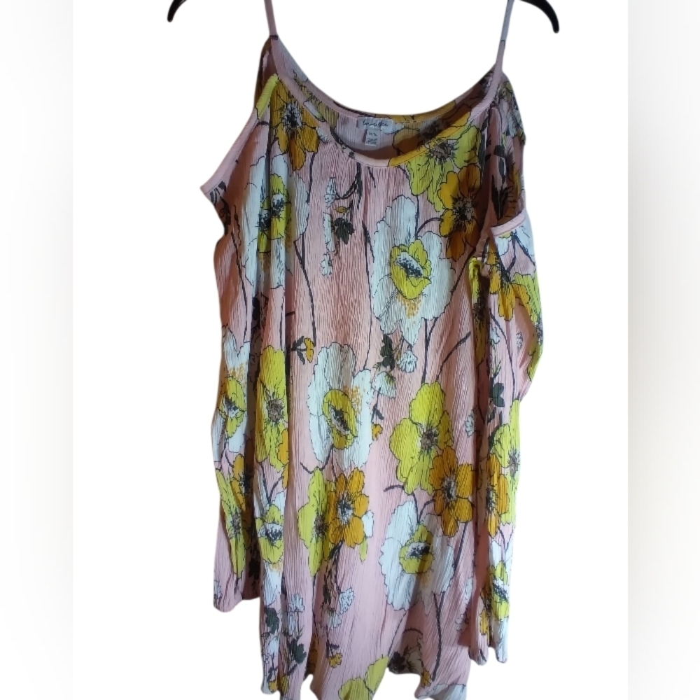 Love Fire Floral Pink and Yellow Women's Cold Shoulder Top Size XL Beachy Long